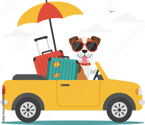 Cheerful dog wearing sunglasses driving yellow convertible car with colorful suitcases and umbrella in flat style vector illustration