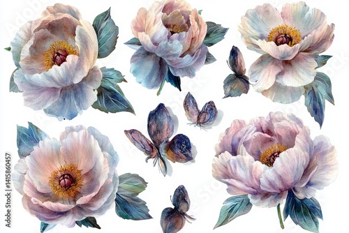 Peonies flowers, illustrated in a watercolor botanical painting on a white background, serve as a floral element for design, symbolizing a summer flower