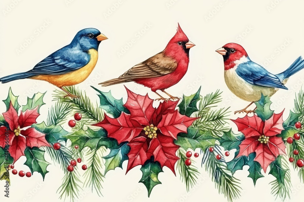 Obraz premium This hand-painted watercolor artwork depicts a red cardinal perched on a branch with holly berries and poinsettia, creating a stunning scene
