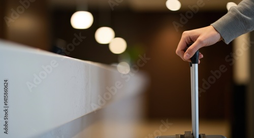 hand holding suitcase handle in modern hotel lobby, ready for travel adventure. bright lobby lights create warm welcoming ambiance. perfect visual for travel, hospitality themes
