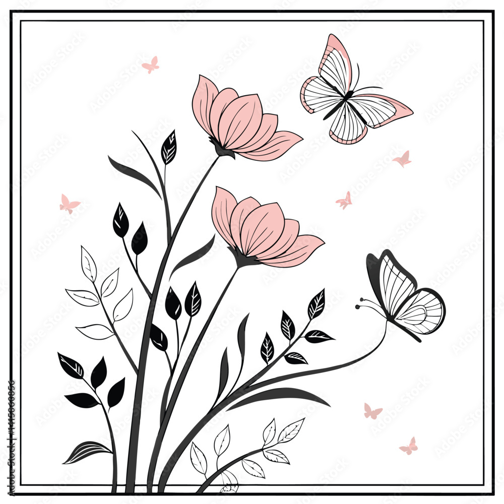 Fototapeta premium Elegant Floral Design with Butterflies and Delicate Pink Flowers