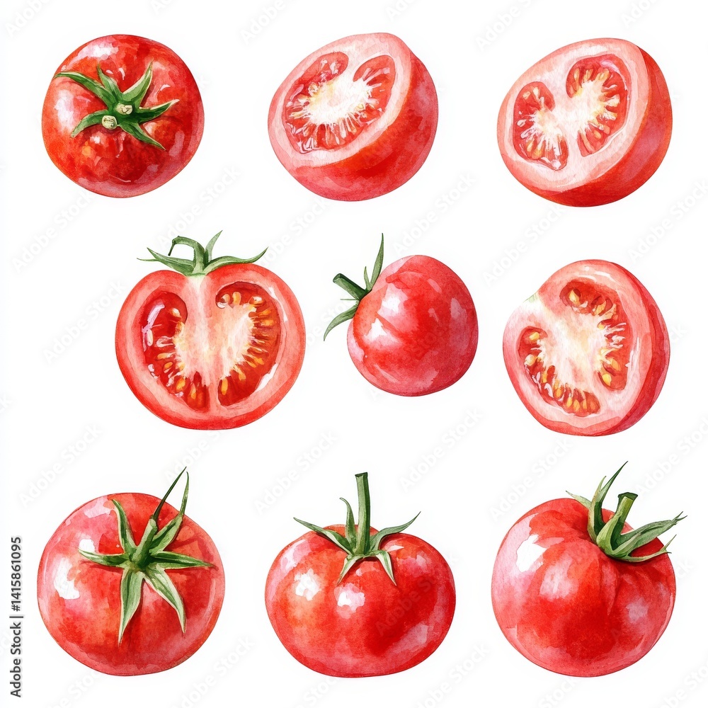 Fresh food design is showcased through a hand-drawn, watercolor botanical illustration of a red tomato, complemented by white accents on an isolated background Fresh food design is showcased through a hand-drawn, watercolor botanical illustration of a red tomato, complemented by white accents on an isolated background