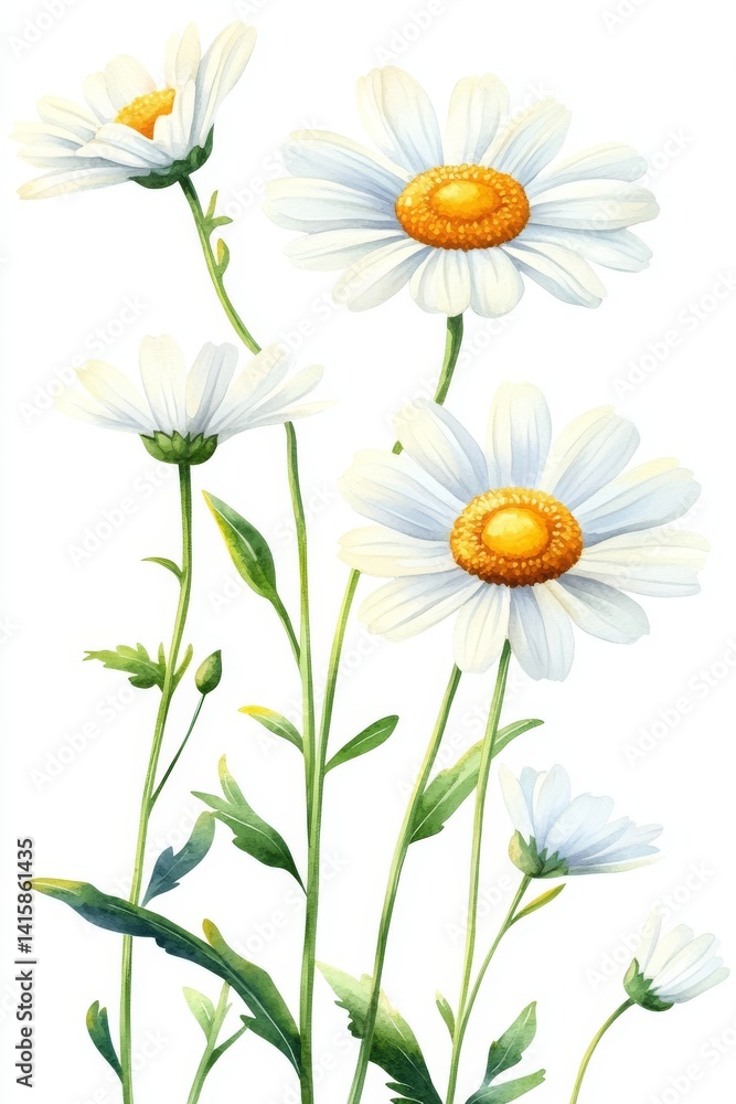 A watercolor illustration of Chamomile is presented, featuring an isolated Chamomile flower on a simple background, accompanied by a painting of wildflowers and diverse wild flora A watercolor illustration of Chamomile is presented, featuring an isolated Chamomile flower on a simple background, accompanied by a painting of wildflowers and diverse wild flora