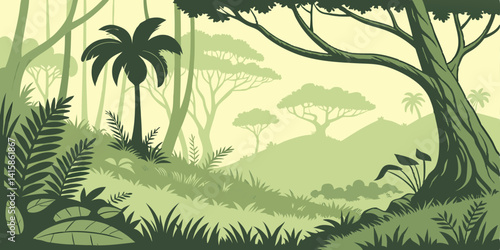 Tropical jungle panorama cartoon vector illustration background. Panoramic game design wild world nature forest, dense vegetation, green high trees, various plants, grass, lianas