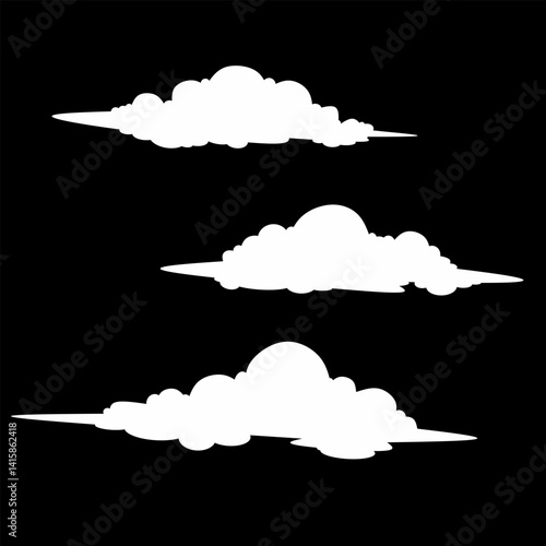 Set of white cartoon cloud silhouettes on a black background. White cartoon cloud shapes isolated on black