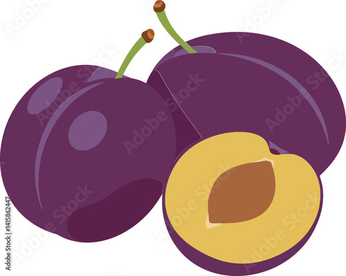 Three ripe purple plums with green stems and one halved plum showing yellow flesh and brown seed in flat design vector illustration