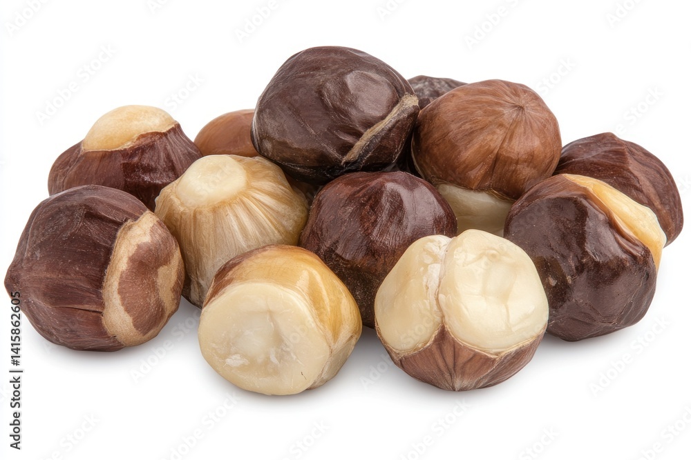 Close-up of a pile of whole peeled hazelnuts, showing variations in color and texture against a white background. Close-up of a pile of whole peeled hazelnuts, showing variations in color and texture against a white background.