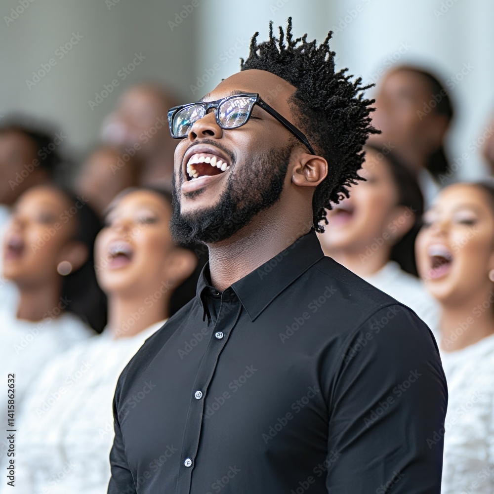 Obraz premium African american man pastor in black shirt leading church choir wearing all white cheerfully smiling and excited people singing emotionally unfocused in background. Power of music and feith concept.