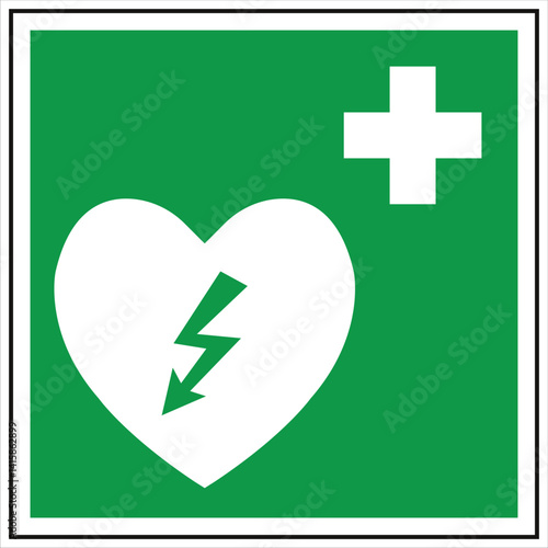 International automated external defibrillator sign indicating the presence of a defibrillator device