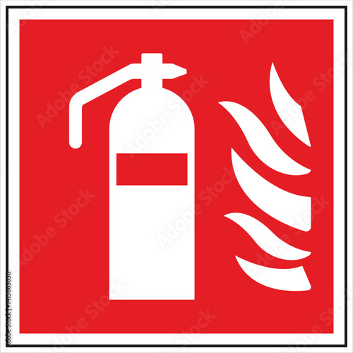 White fire extinguisher and stylized white flames on red background representing fire safety and prevention