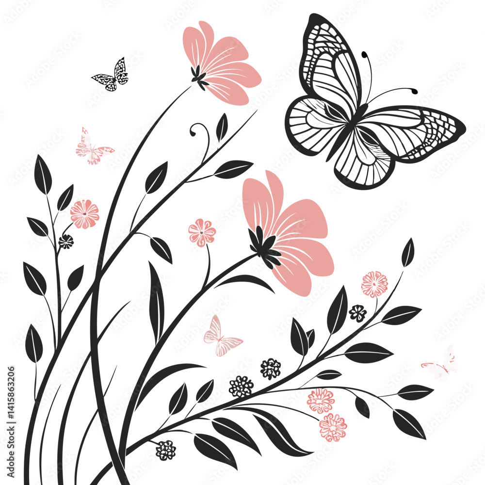 Fototapeta premium Elegant Floral Design with Butterflies and Delicate Pink Flowers