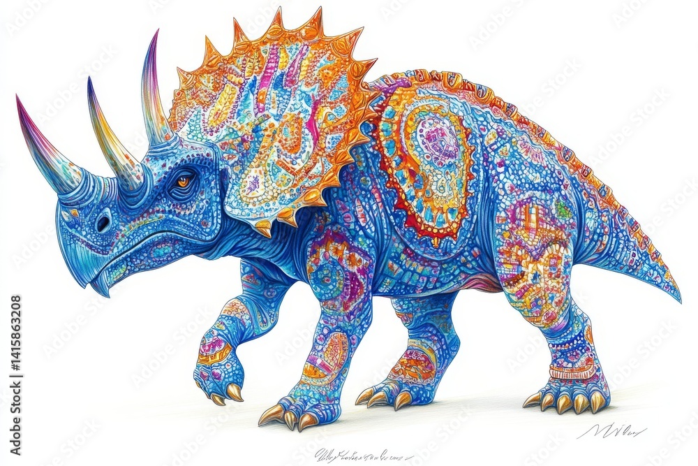 Fototapeta premium A hand-painted watercolor illustration of a realistic triceratops dinosaur is isolated on a white background
