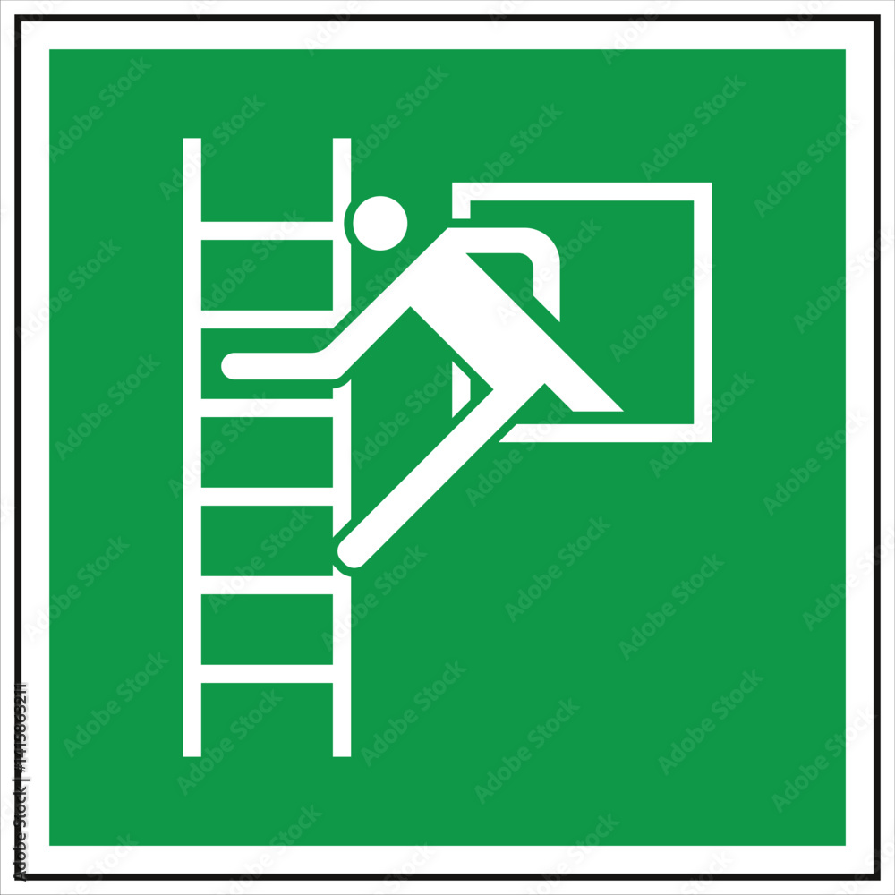 Green emergency escape sign with white icon of person using ladder to reach an exit Green emergency escape sign with white icon of person using ladder to reach an exit