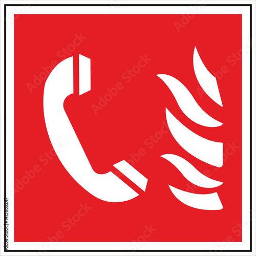 Red and white fire emergency call sign showing a phone and flames, indicating reporting fire incidents