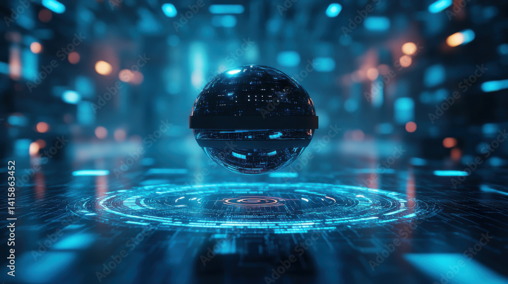 Futuristic floating sphere in digital data labyrinth with neon lights and glowing abstract grid