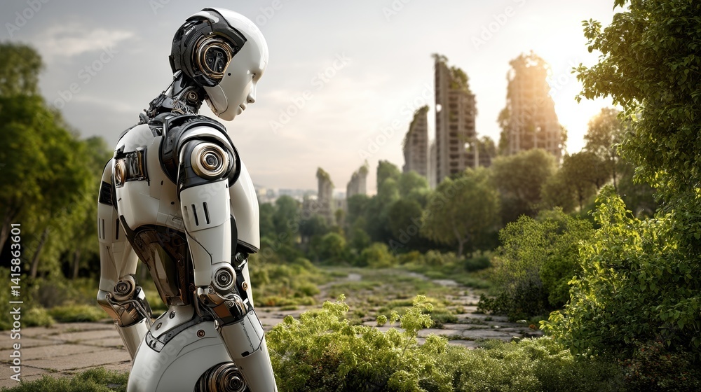 Futuristic ai robot observing post-apocalyptic landscape with overgrown ruins and evolutionary themes