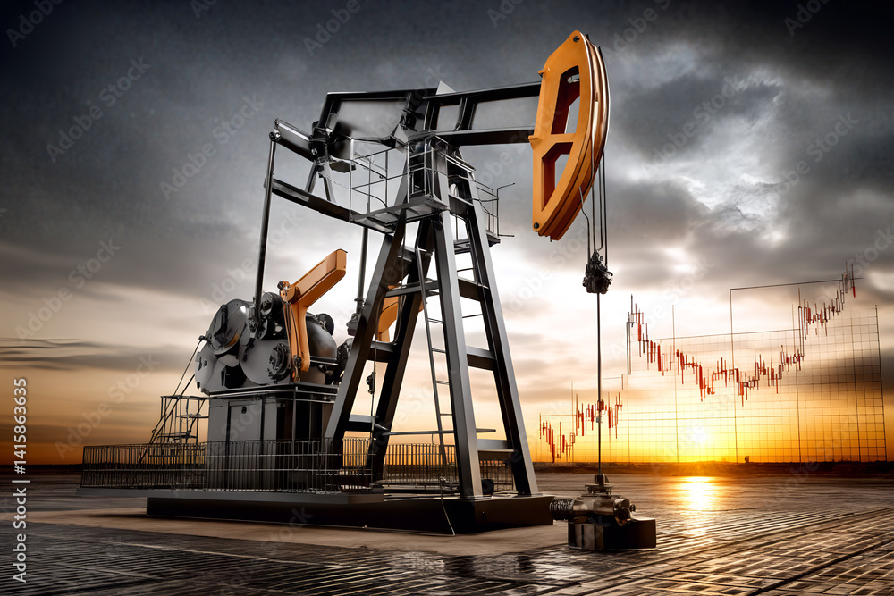Dramatic oil pumpjack scene at sunset with financial graph overlay showing market trends
