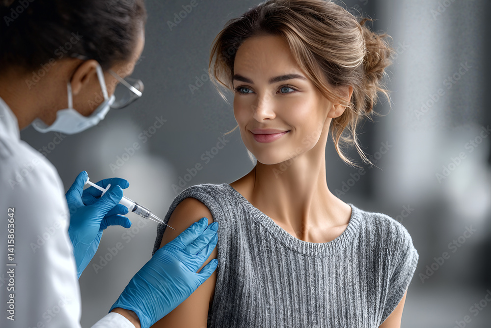 Young woman receiving vaccination from healthcare professional in medical setting