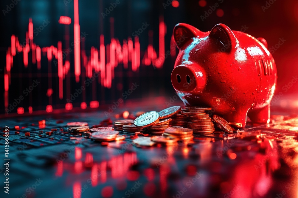 Red piggy bank with coins and stock market chart in vibrant red and blue lighting