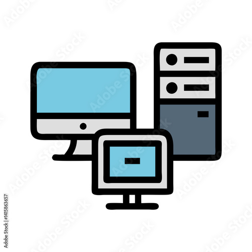 Computer setup with desktop, laptop, and server icon