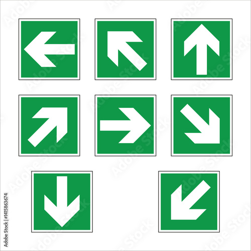 Green emergency exit signs with white arrows pointing in different directions provide clear guidance during evacuations