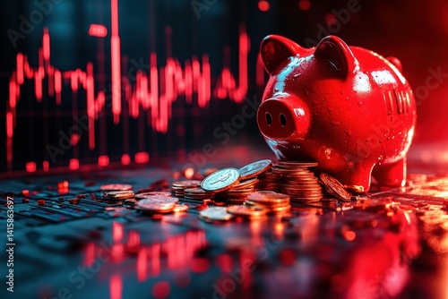 Obraz na płótnie Red piggy bank with coins and stock market chart in vibrant red and blue lighting w salonie