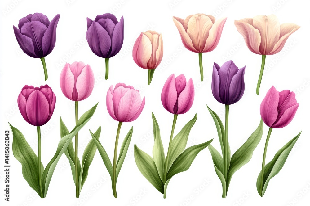 Naklejka premium Isolated set of flowers including a watercolor bouquet with pink tulips, yellow iris, and lavender, created as a hand-painted floral botanical design