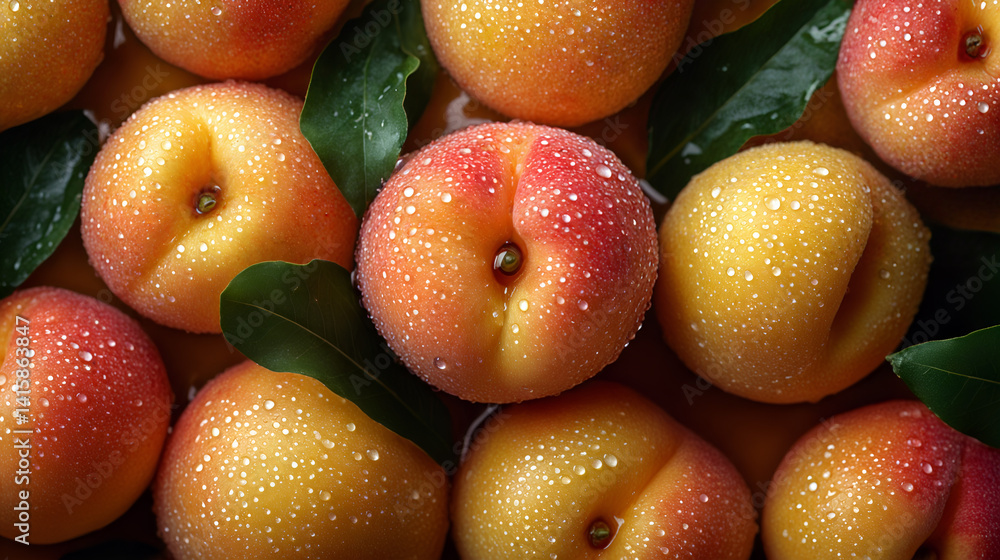 Fresh juicy peaches with water droplets and green leaves highlighting natural texture and vibrant colors
