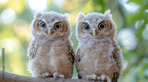 Adorable twin owlets perched on branch with soft background bokeh in sunlit forest