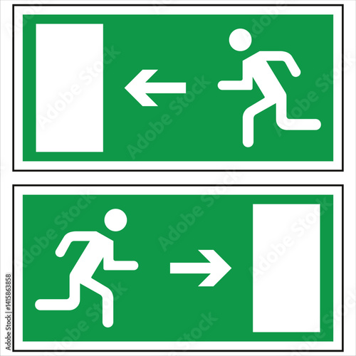 Green emergency exit signs indicating escape routes with running person and arrows