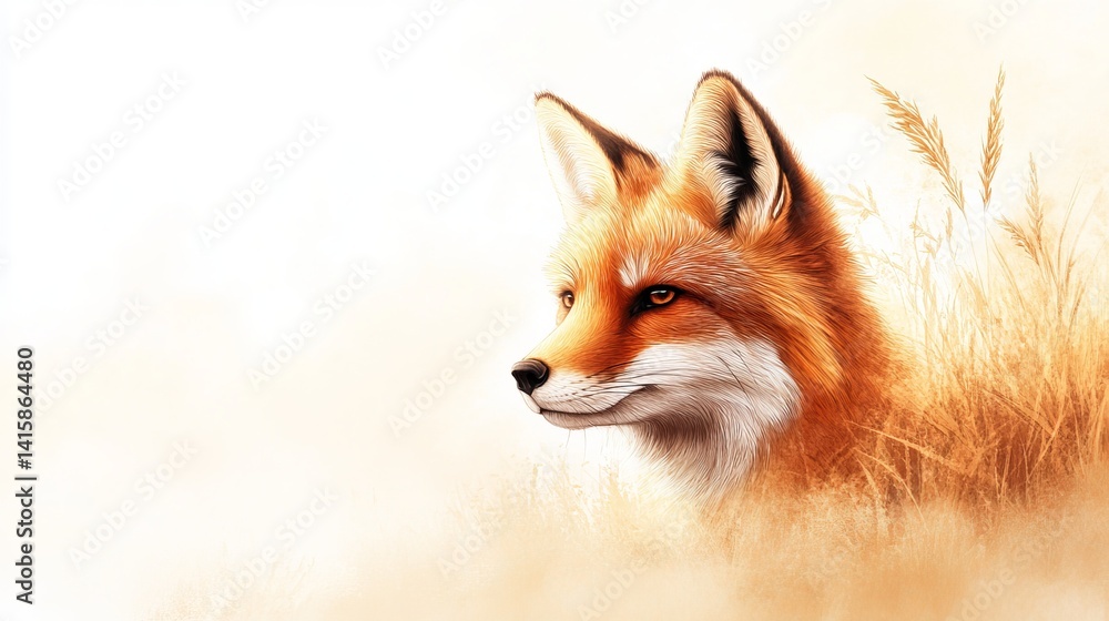 Fototapeta premium Fox portrait displays orange fur and intense amber eyes surrounded by tall grass on a white background.
