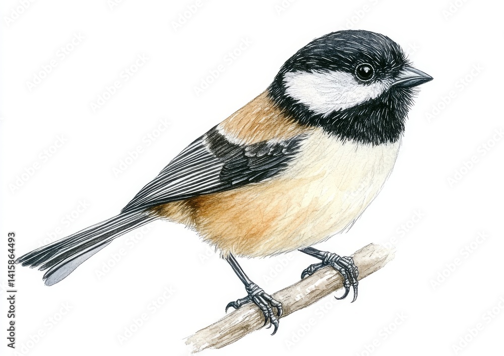 Obraz premium Black capped chickadee songbirds are depicted sitting on a branch in a watercolor illustration set against a white background