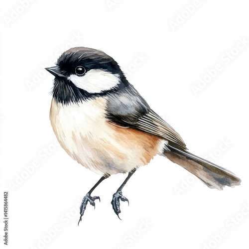 A hand painted wildlife illustration of 'tit bird showcases cute black capped chickadee birds rendered in realistic watercolor