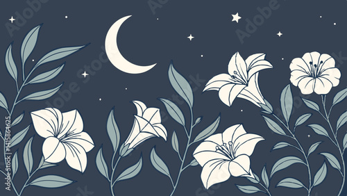 Design a moody, night-themed floral border with crescent moons, stars, and hand-drawn florals like night-blooming jasmine and moonflowers, all gently waving.