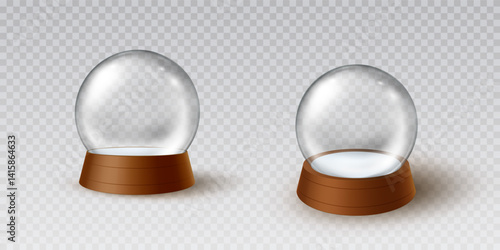 Snow globe or Christmas ball isolated on transparent background. Vector 3d glass snowglobe template