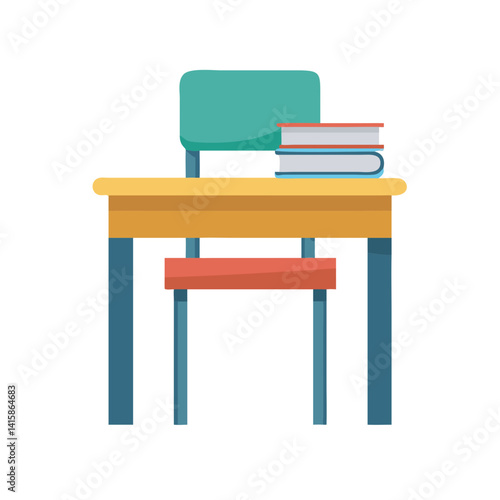 Cartoon School Desk with Books on Black Background