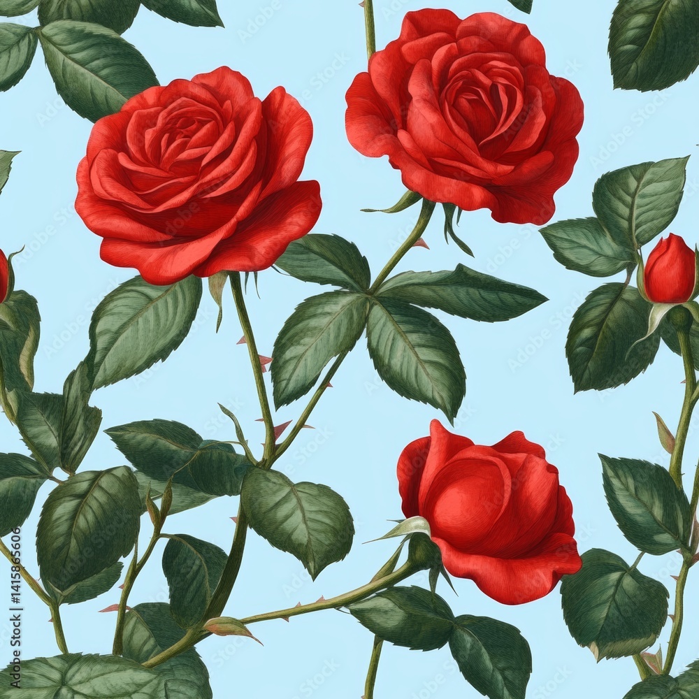 Fototapeta premium Red roses, buds, and leaves are depicted in a watercolor seamless pattern, making for a beautiful and elegant floral textile design background