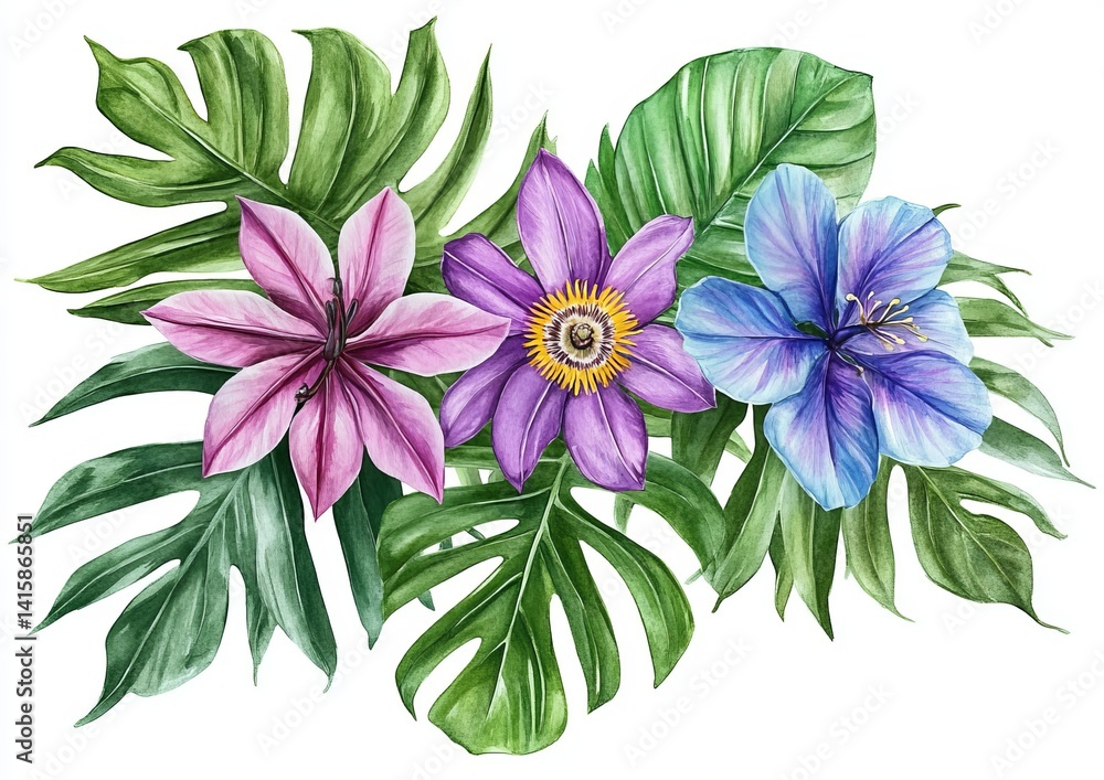 Obraz premium The purple passionflower, adorned with tropical leaves, is beautifully depicted in a watercolor botanical illustration, showcasing exotic flowers and green leaves, ideal for greeting cards, posters,