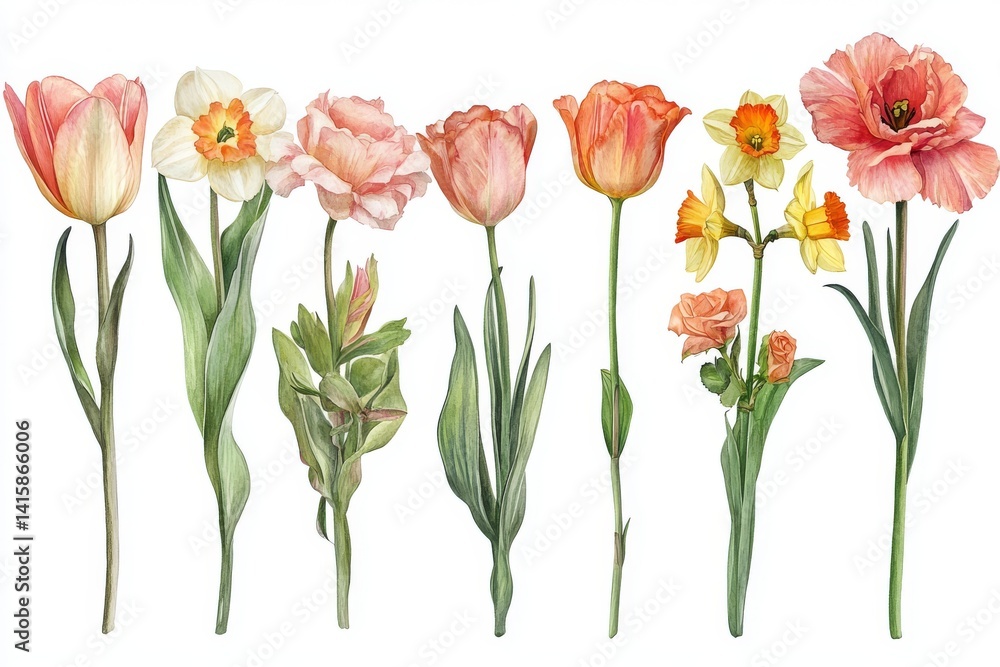 Obraz premium The image depicts a spring floral bouquet with pink tulips, roses, lavender, and lilac flowers on a white background in watercolor