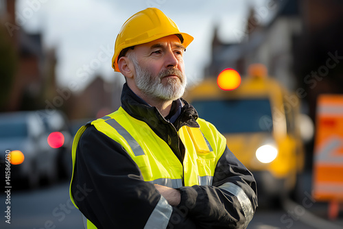 Construction Worker Standing Confidently: A seasoned worker oversees a project with a safety vest and hard hat, ensuring safety and efficiency on site.