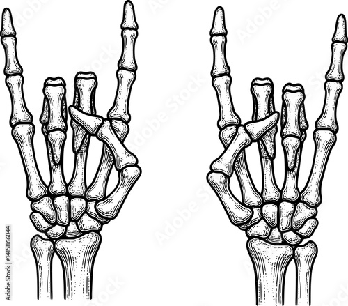 Rock On Skeleton Hand Gesture - Artistic and Detailed Vector Illustration of Skeleton Hand Making the Rock On Sign, Perfect for T-Shirts, Posters, and Tattoos