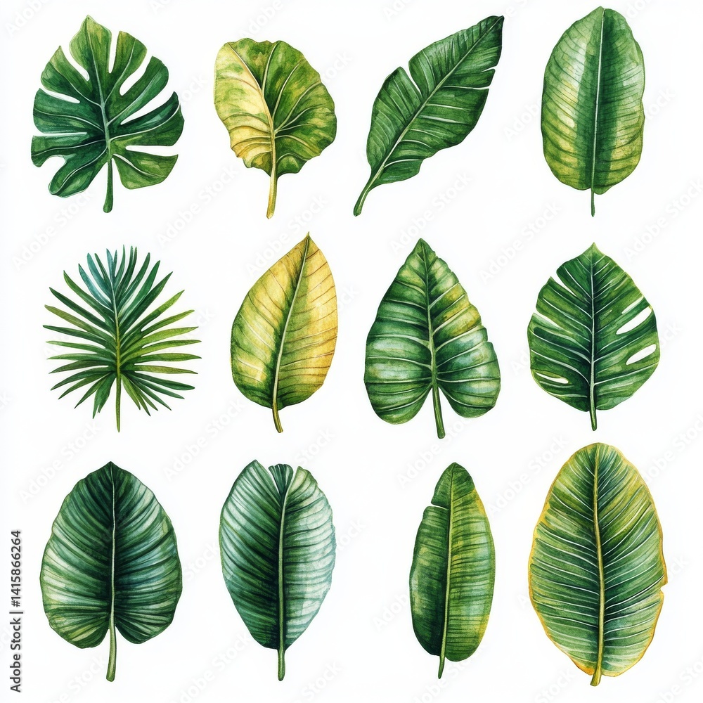 Obraz premium Watercolor clipart featuring tropical leaves, banana palm, and monstera foliage creates a beautiful botanical greenery illustration with a unique hand-painted jungle plant design