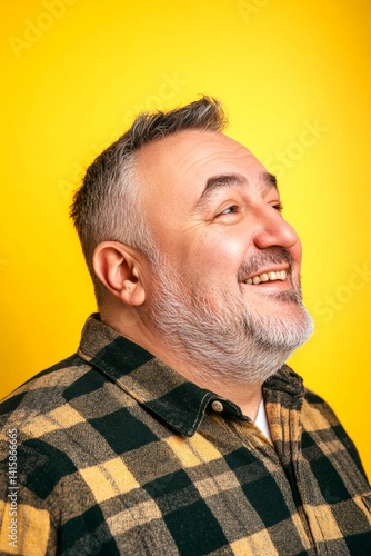 Classy men's classic short back and sides haircut - midlife white man with hair. Yellow solid background. Idea of style for aging men. A soft and natural man with a glowing expression.