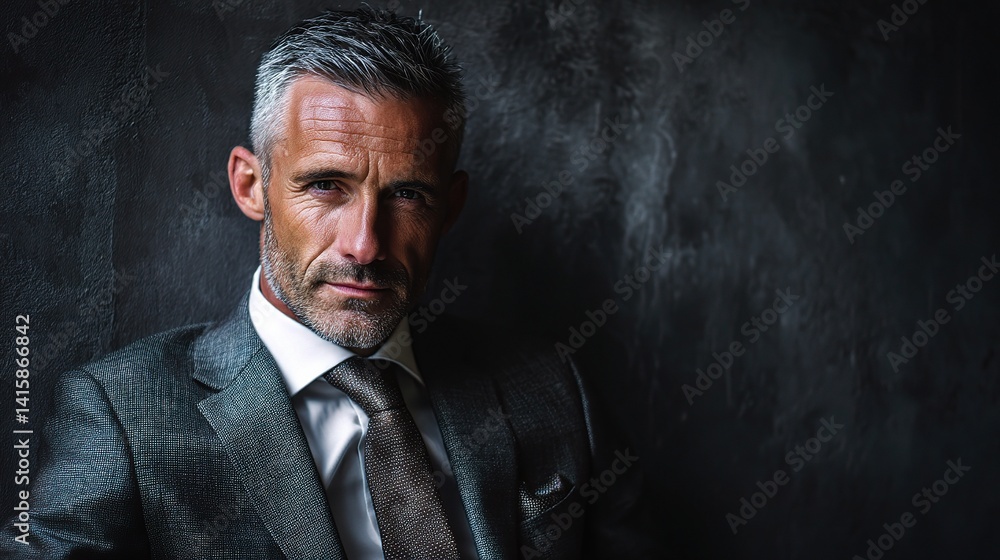 Fototapeta premium Stylish Executive Man in Tailored Suit Against Dark Background