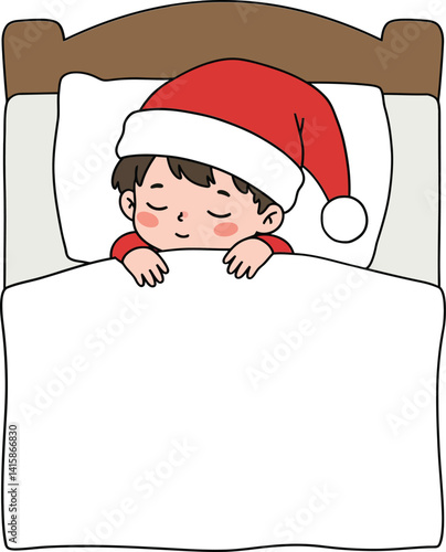Child sleeping peacefully in Santa hat under white blanket on wooden bed minimal flat vector illustration