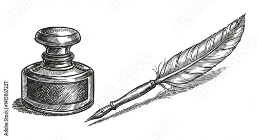 Hand-drawn quill and ink set with scribbled lines and subtle texture in ink sketch style, black on white illustration, elegant and timeless