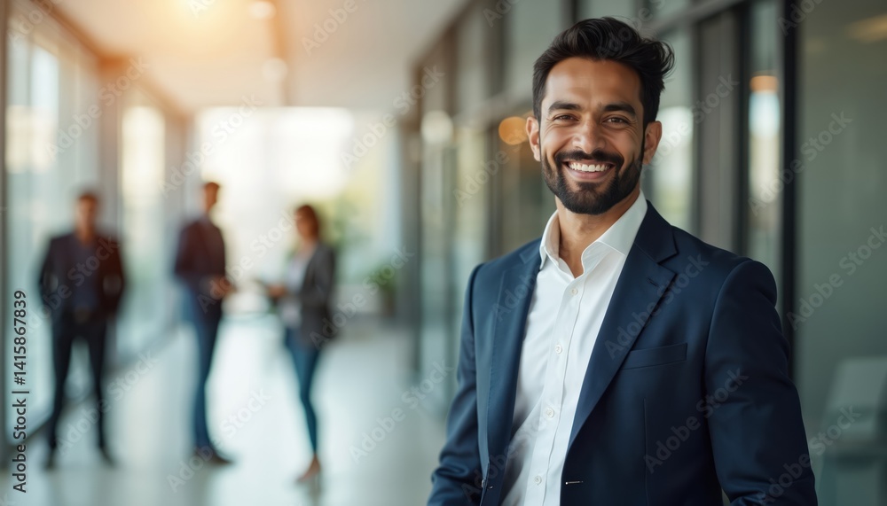 Smiling Asian Indian businessman in suit stands in company office. Workers blurred in background. Portrait of successful pro team leader. Confident executive, entrepreneur. Business, career, Smiling Asian Indian businessman in suit stands in company office. Workers blurred in background. Portrait of successful pro team leader. Confident executive, entrepreneur. Business, career,