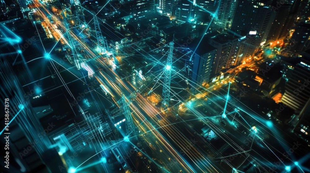 High power electricity poles in urban area connected to smart grid. High power electricity poles in urban area connected to smart grid.