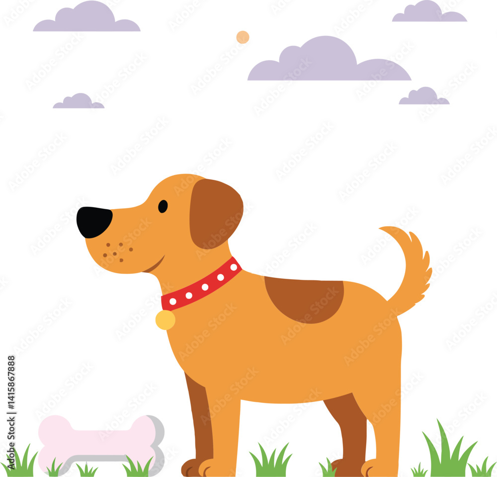 Brown dog with red collar standing near pink bone in grassy field under cloudy sky flat design vector illustration Brown dog with red collar standing near pink bone in grassy field under cloudy sky flat design vector illustration