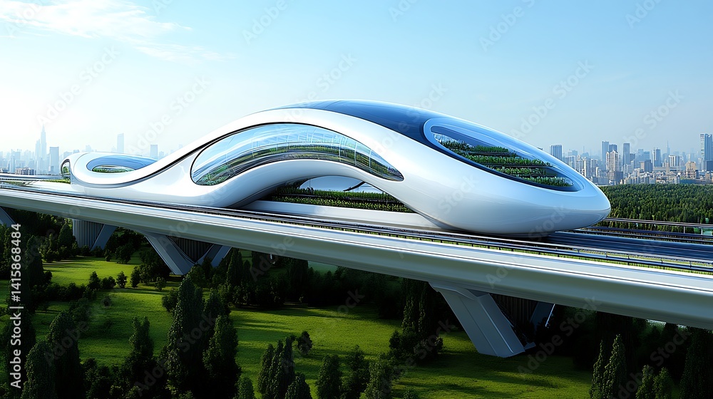 Obraz premium Futuristic elevated train, city backdrop